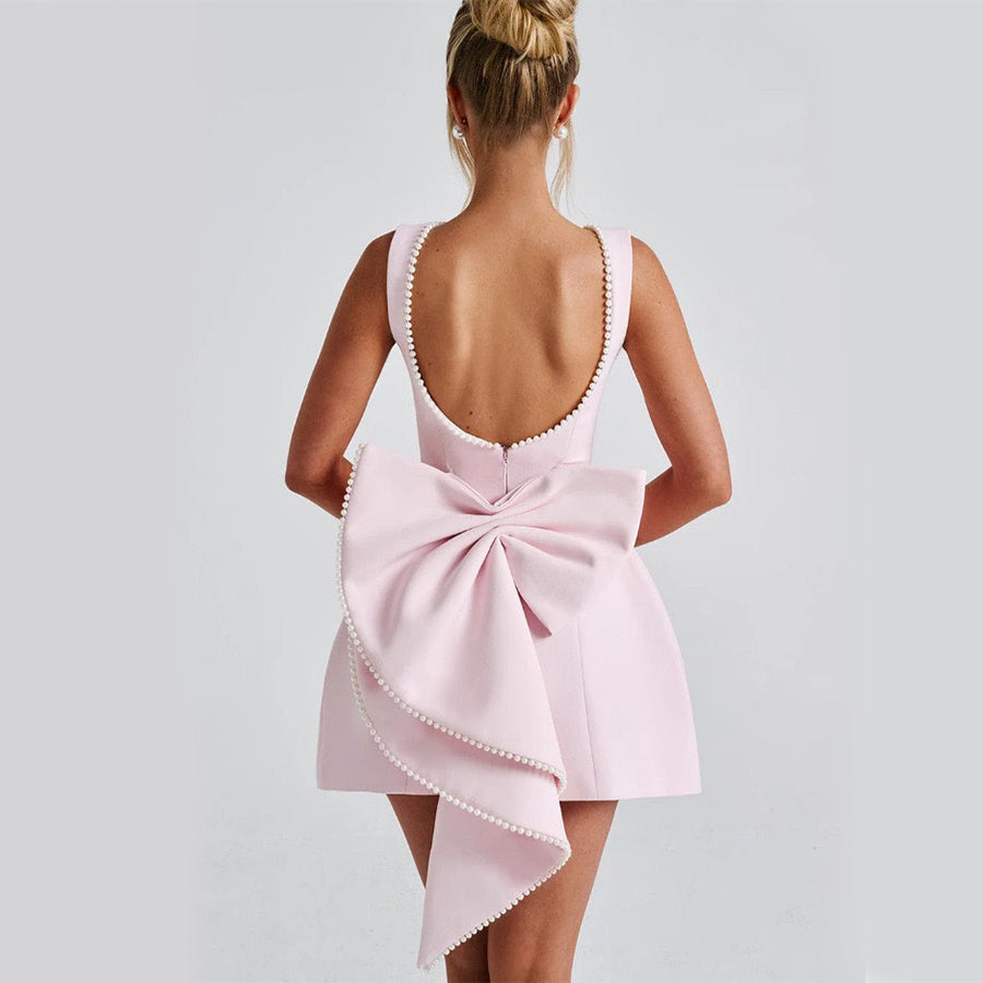 Fashion Big-Bowed Pearls Backless Dress Summer Slim Sleeveless A-line
