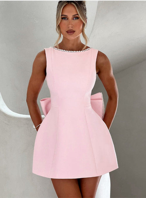 Fashion Big-Bowed Pearls Backless Dress Summer Slim Sleeveless A-line