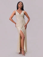 Out of State - Slit Sequin Surplice Sleeveless Maxi Dress