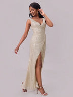 Out of State - Slit Sequin Surplice Sleeveless Maxi Dress