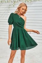 One Shoulder Polka Dot Puff Sleeve Ruffle Dress