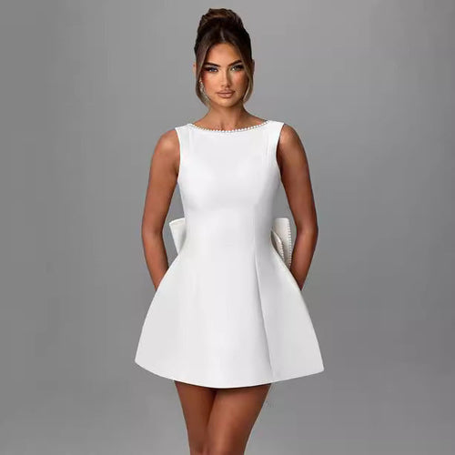 Fashion Big-Bowed Pearls Backless Dress Summer Slim Sleeveless A-line