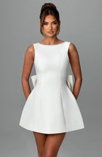 Fashion Big-Bowed Pearls Backless Dress Summer Slim Sleeveless A-line