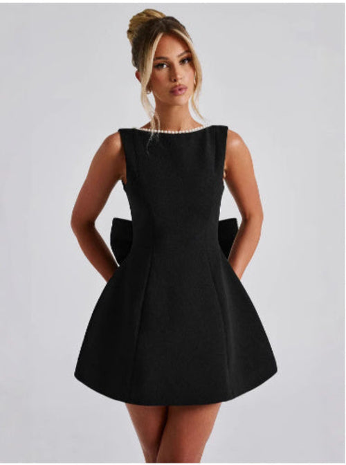 Fashion Big-Bowed Pearls Backless Dress Summer Slim Sleeveless A-line