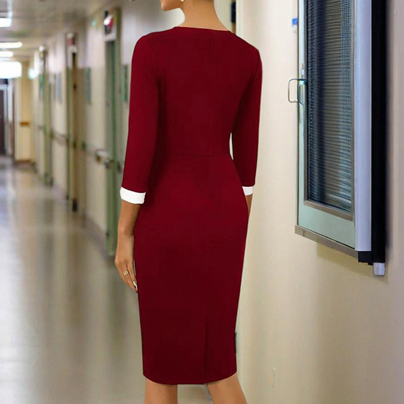 Women Elegant Elbow Sleeve Button Detail And Notch Neck Bodycon Dress