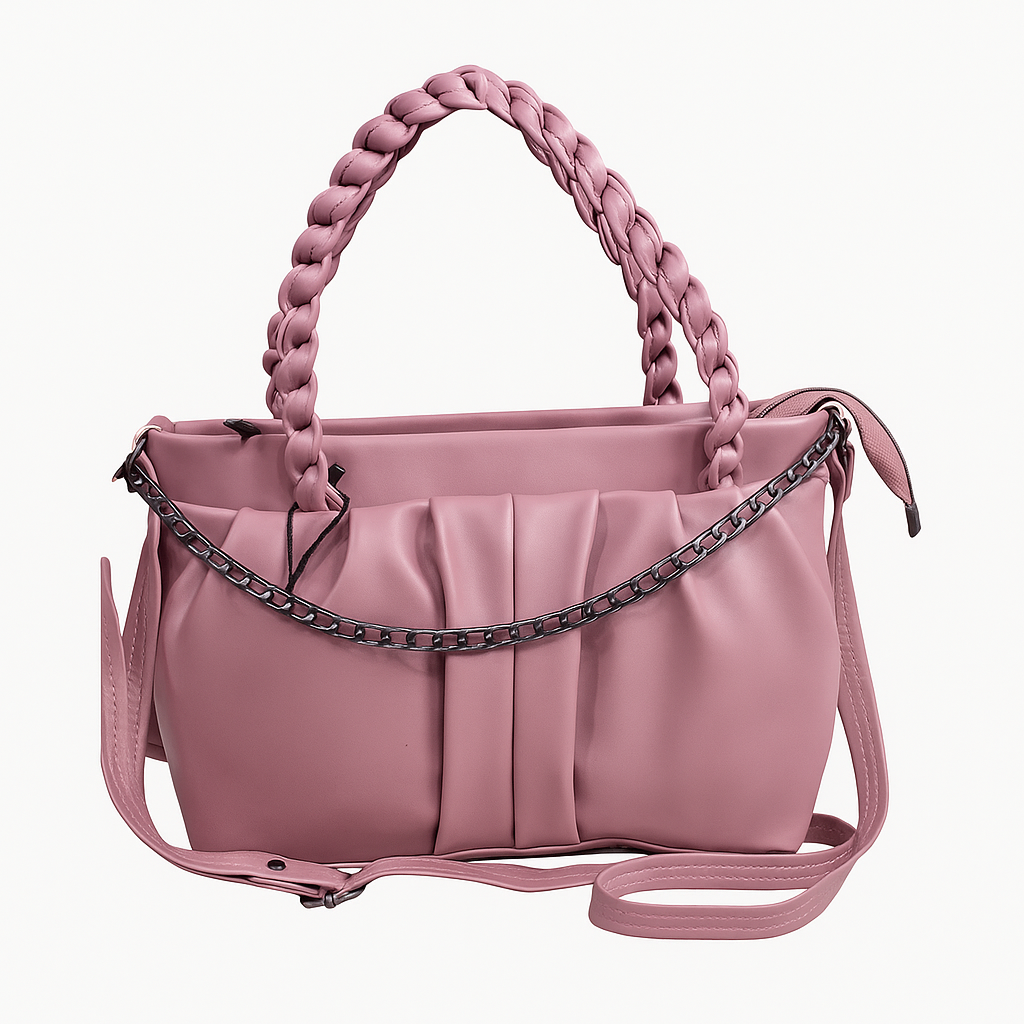 Stylish Pink Handbag with Braided Handles and Chain Detail – Elegant