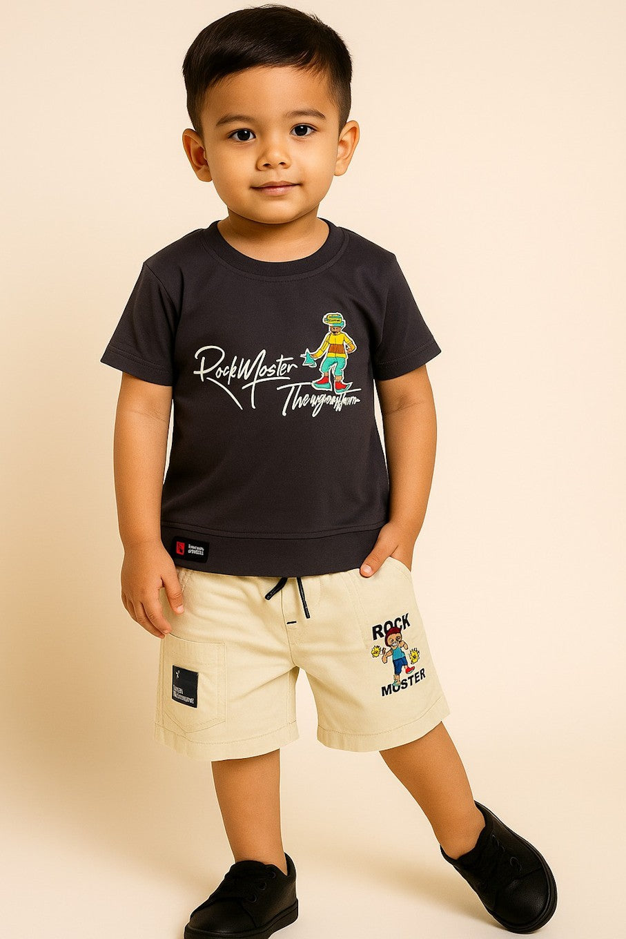 Boys Party(Festive) Shirt Shorts  (Black, Beige),(Size 3-4 Year)