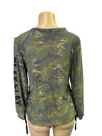 Women's Camo Distressed Hoodie with Mesh Sleeves