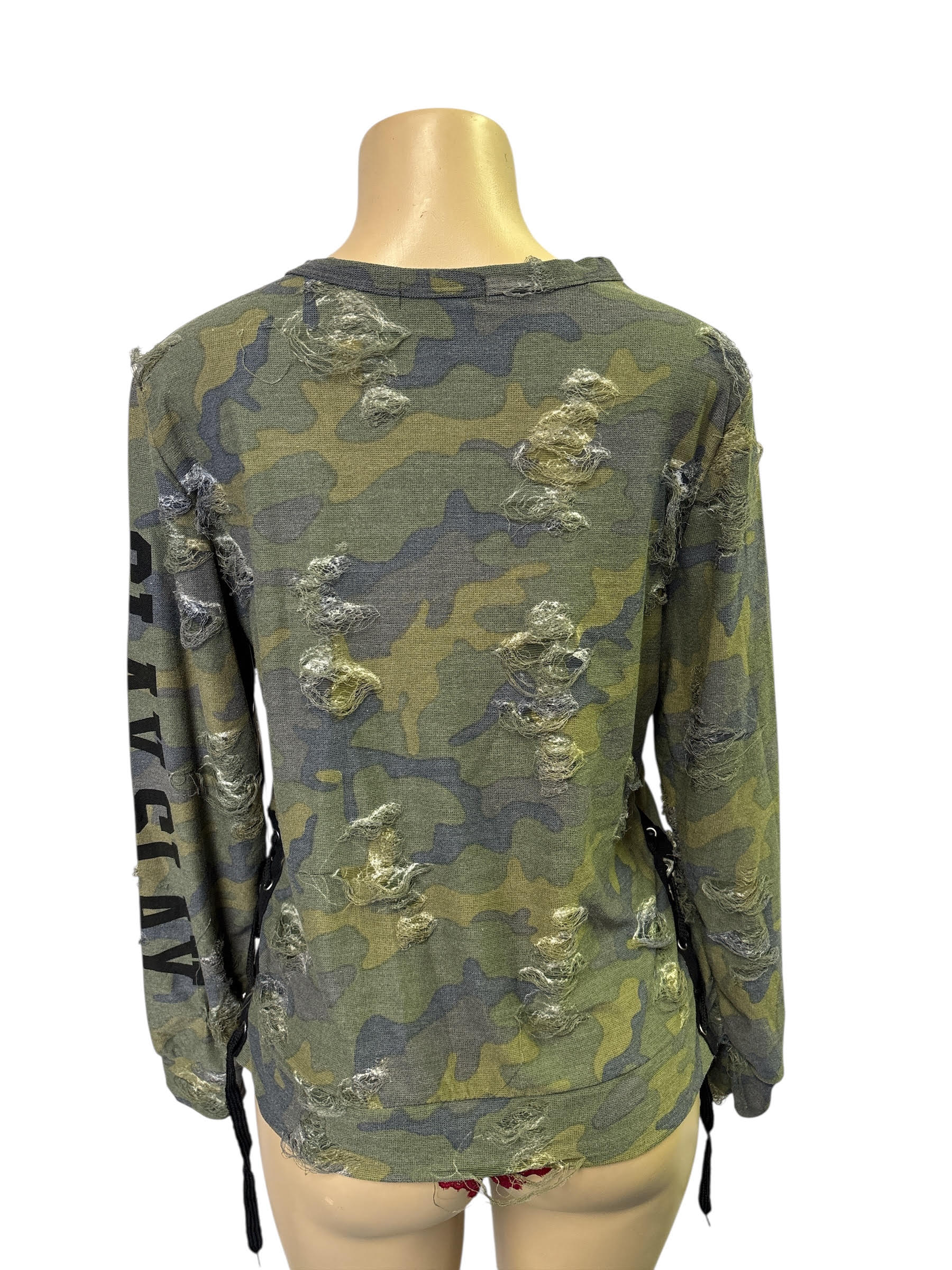Women's Camo Distressed Hoodie with Mesh Sleeves