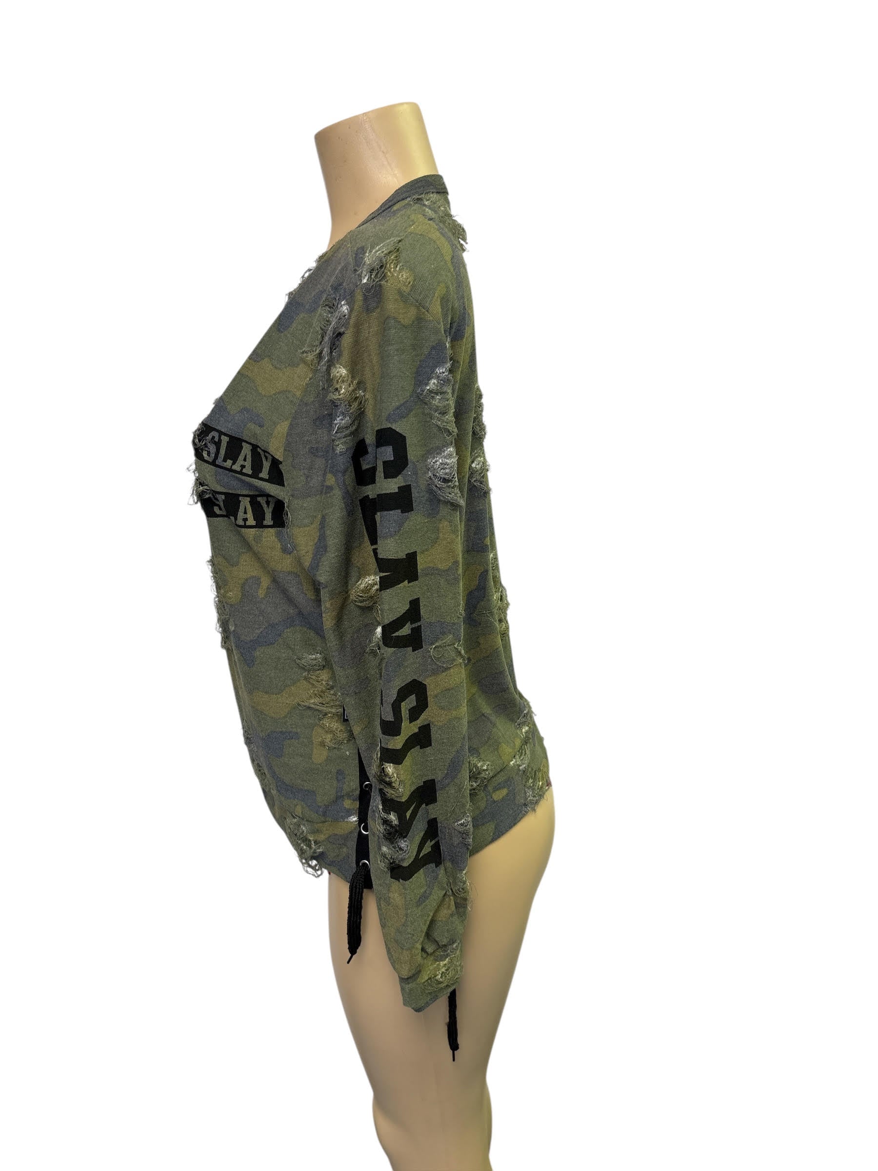 Women's Camo Distressed Hoodie with Mesh Sleeves
