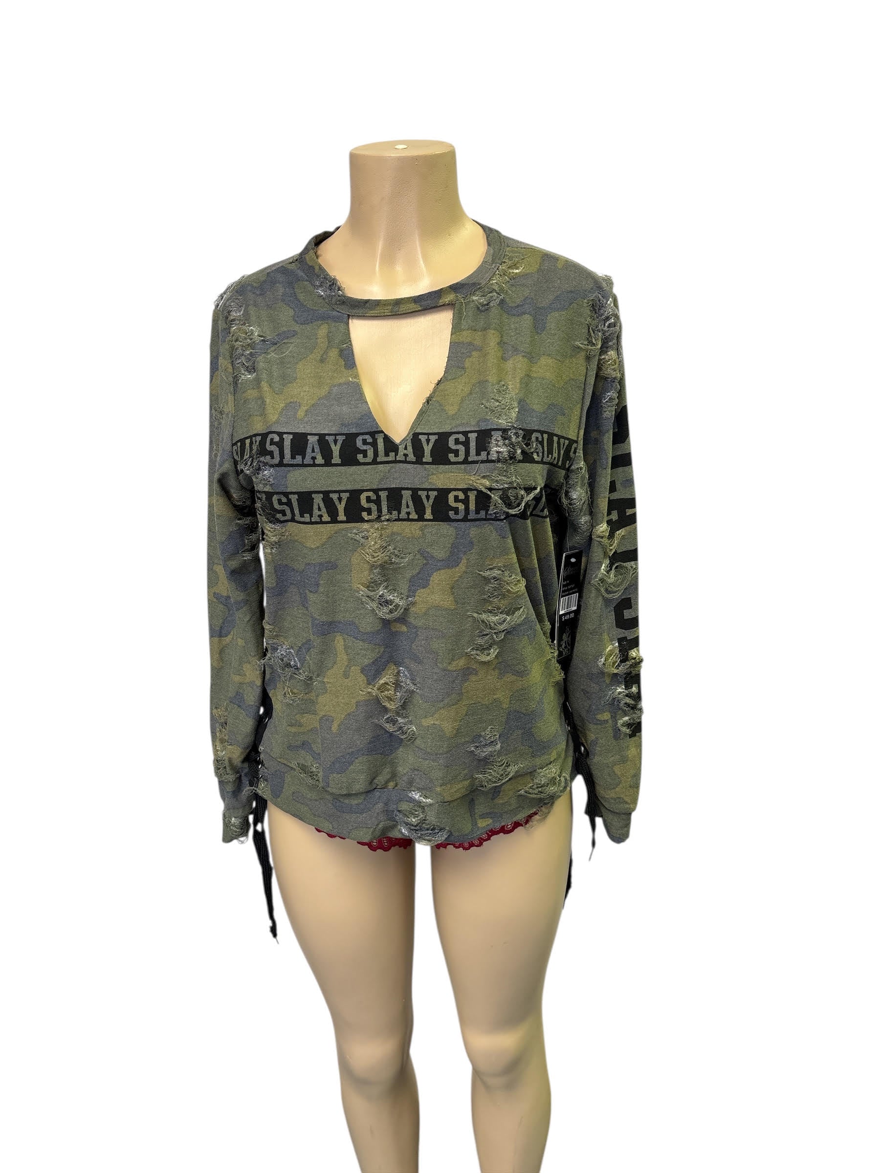 Women's Camo Distressed Hoodie with Mesh Sleeves