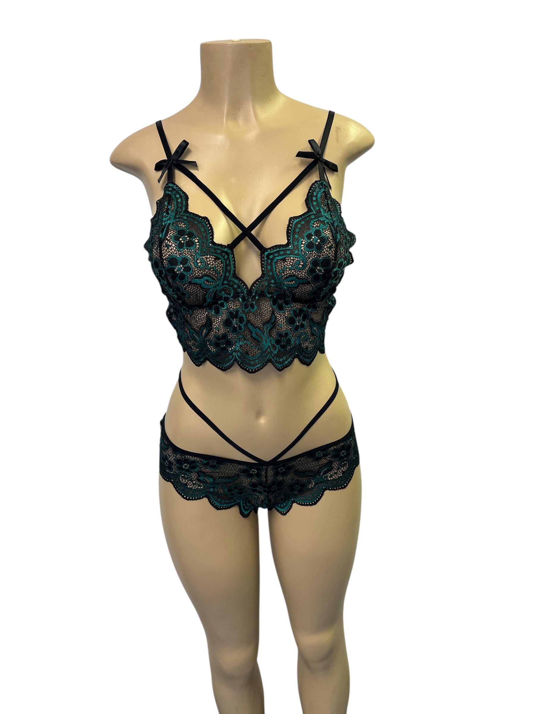 Phalin Women's Solid Green Lace Lingerie Set