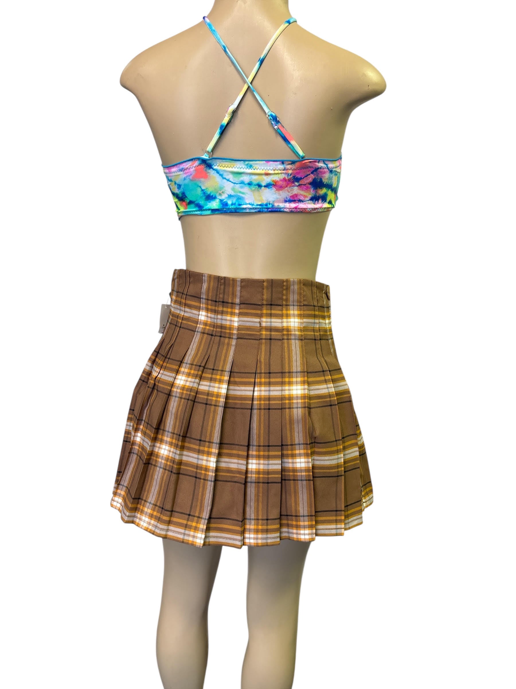 No Boundaries Brown Plaid Mini Skirt with Buckles