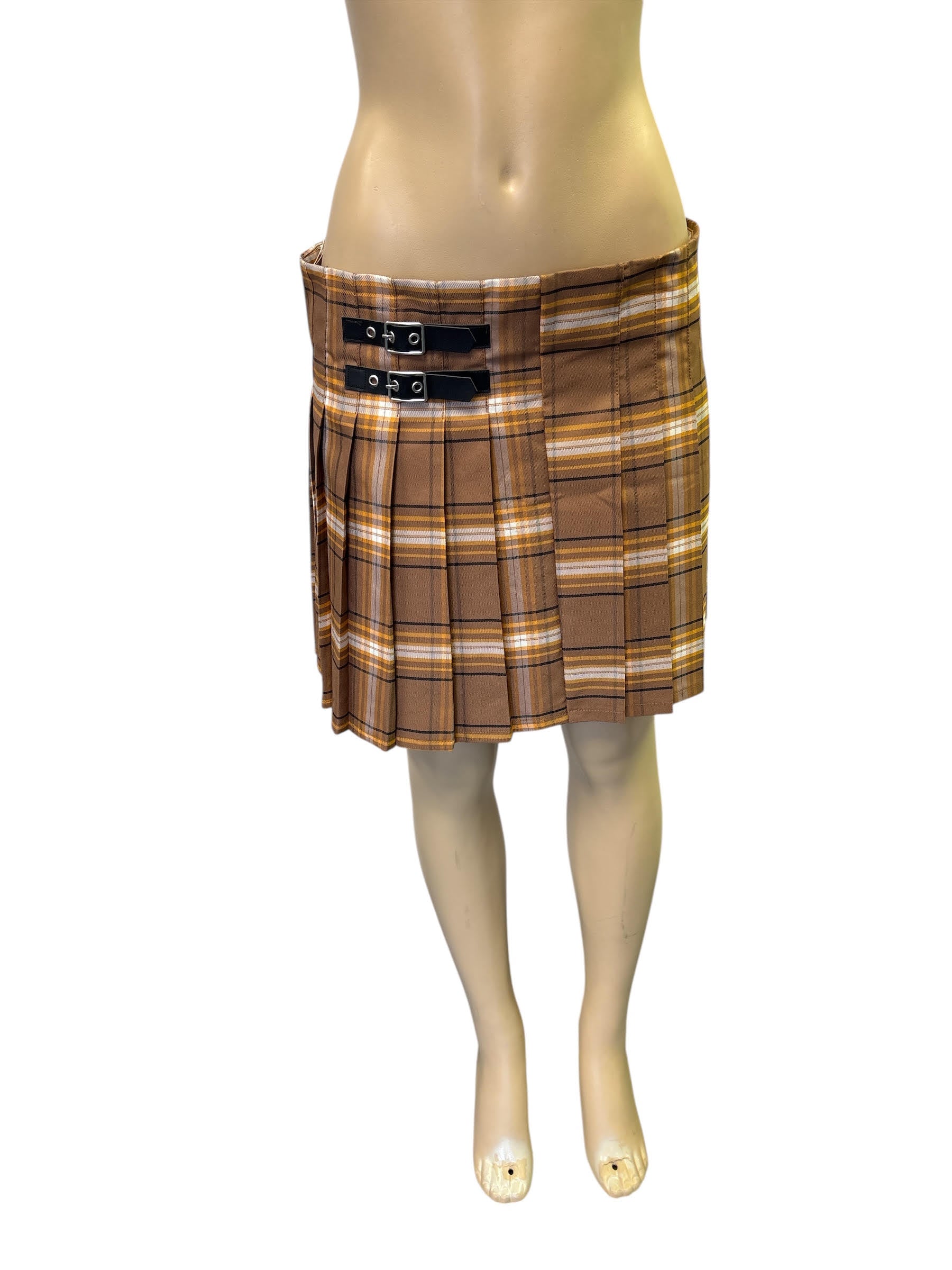 No Boundaries Brown Plaid Mini Skirt with Buckles