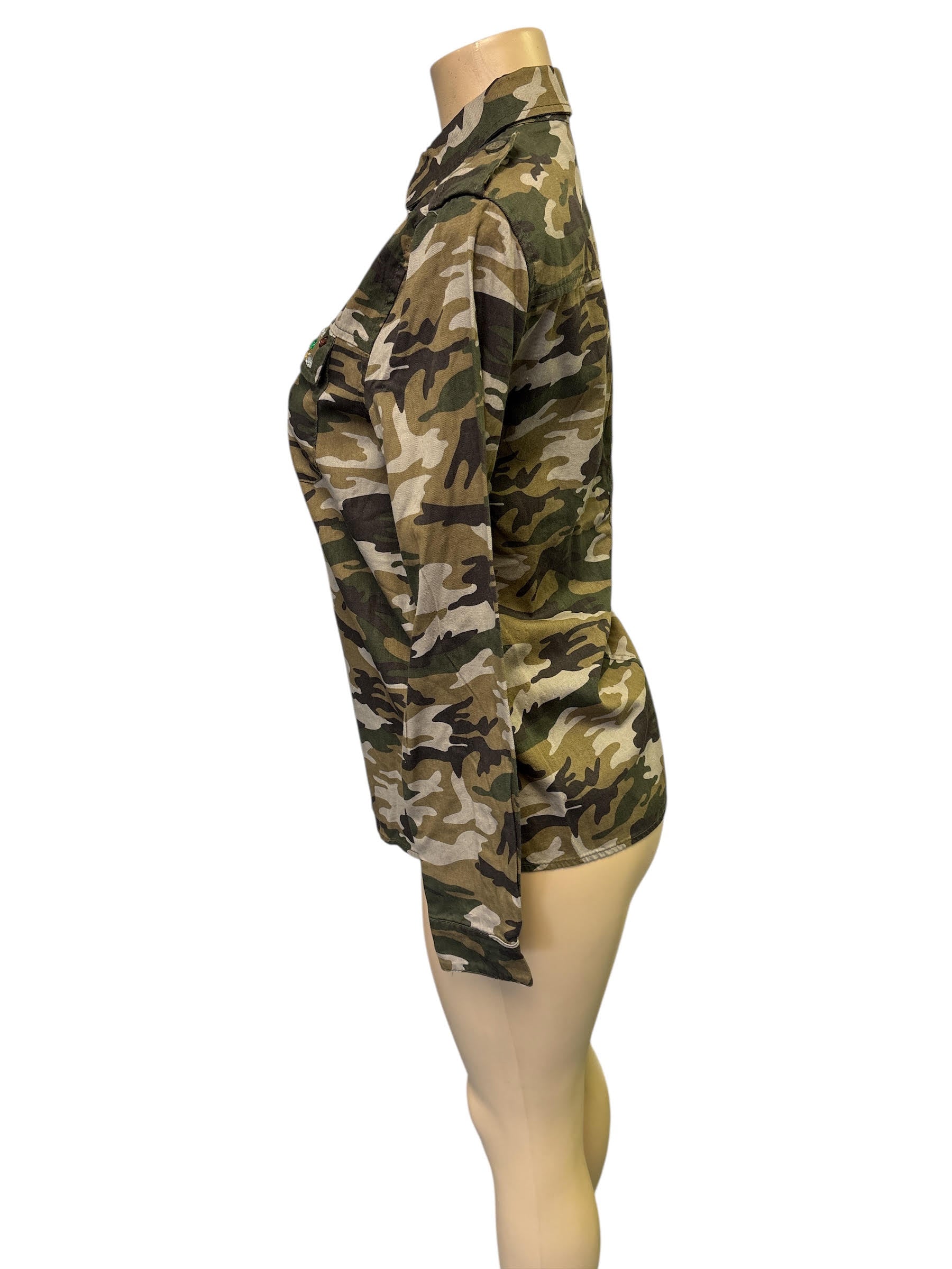 The Camouflage x Rhinestones 80s Vintage Denim Shirt Military Hunting Industrial Surplus Shirt Womens Blouse Top