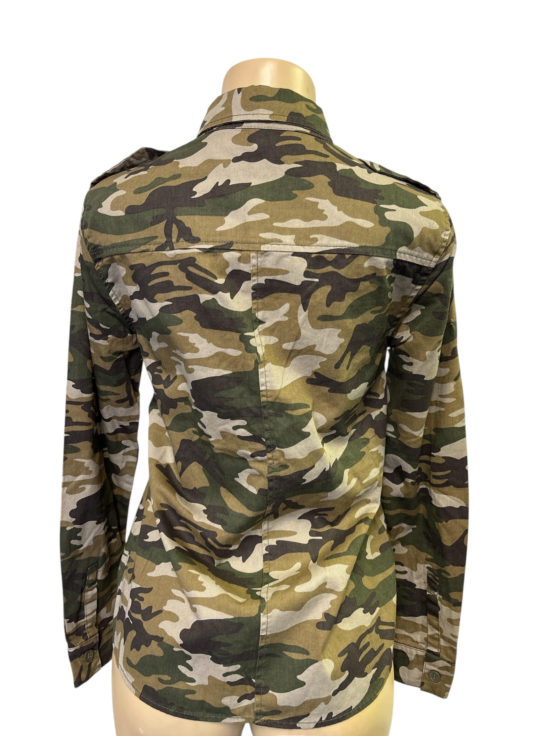 The Camouflage x Rhinestones 80s Vintage Denim Shirt Military Hunting Industrial Surplus Shirt Womens Blouse Top