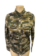 The Camouflage x Rhinestones 80s Vintage Denim Shirt Military Hunting Industrial Surplus Shirt Womens Blouse Top
