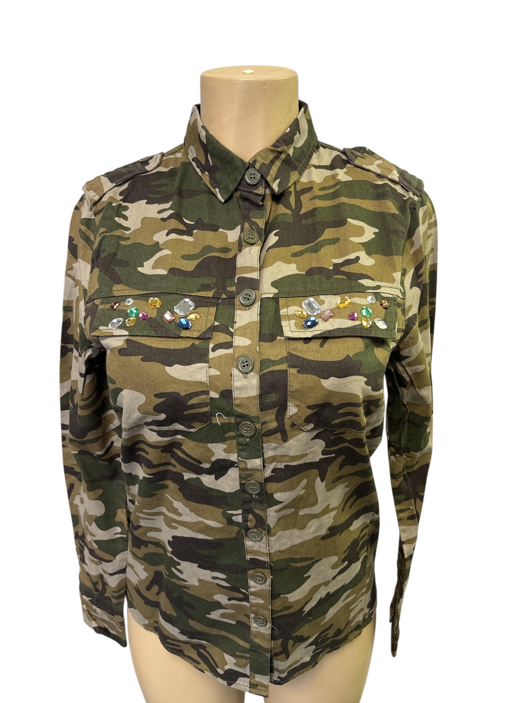The Camouflage x Rhinestones 80s Vintage Denim Shirt Military Hunting Industrial Surplus Shirt Womens Blouse Top