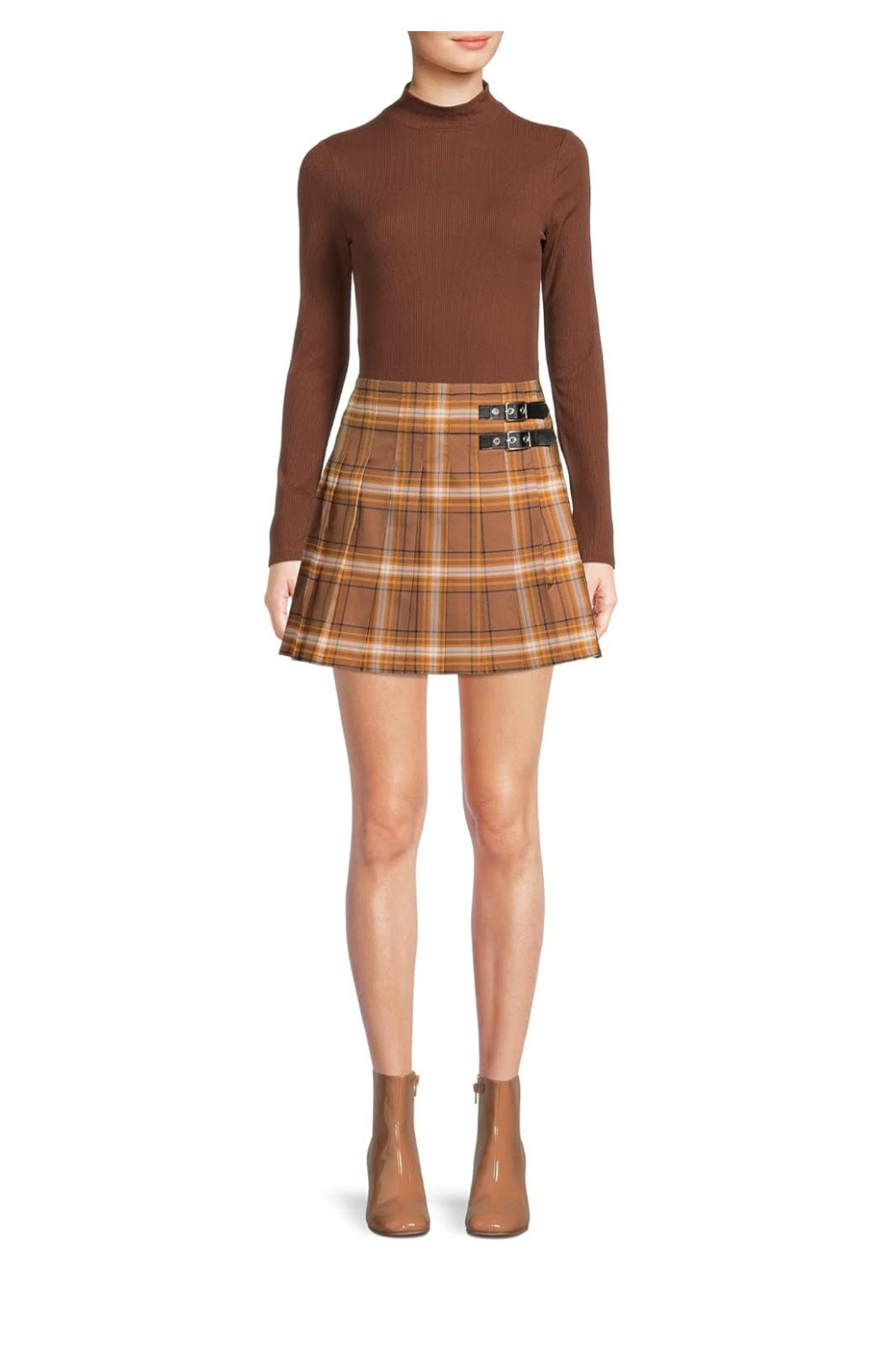 No Boundaries Brown Plaid Mini Skirt with Buckles