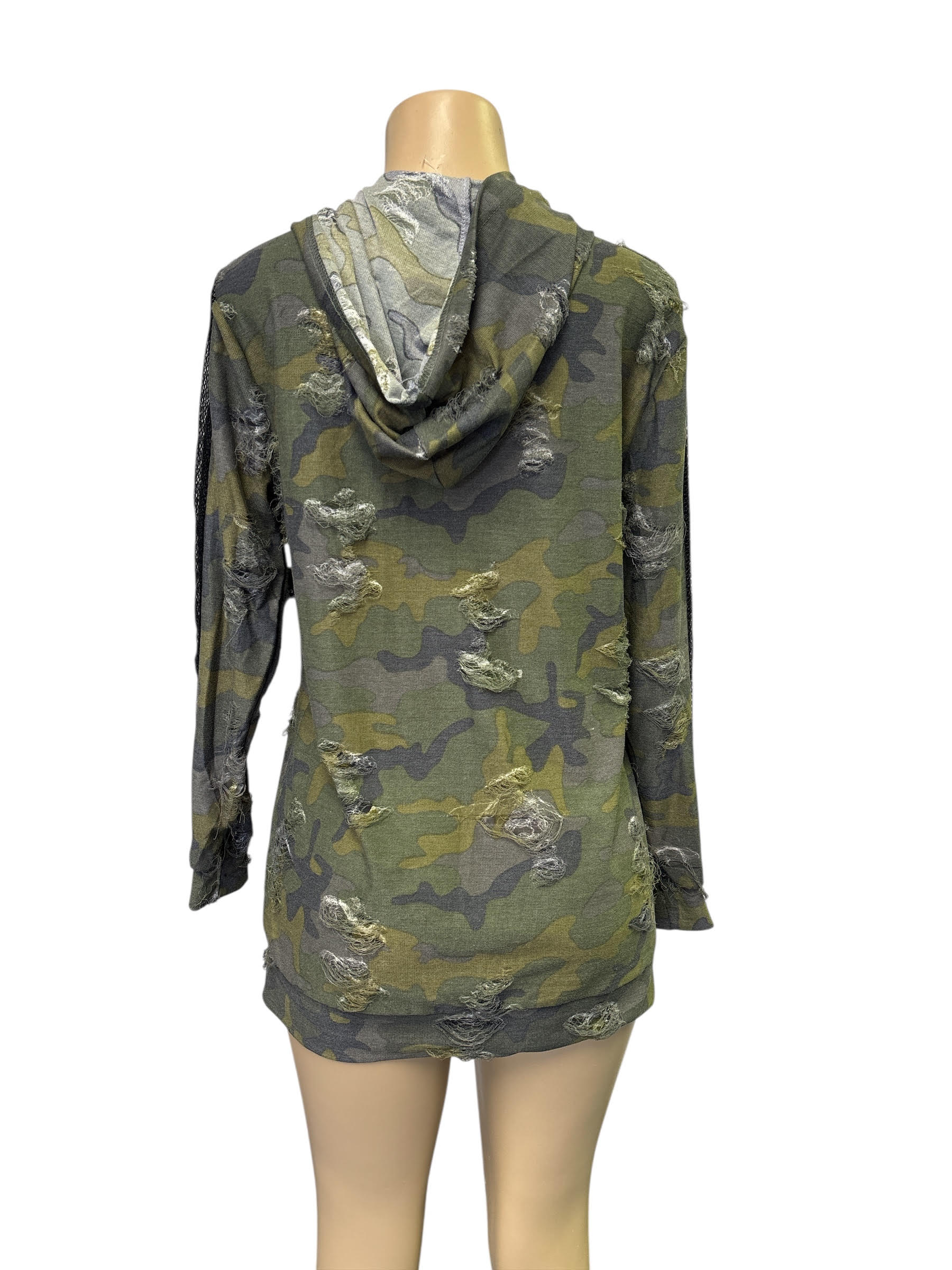 Women's Camo Distressed Hoodie with Mesh Sleeves