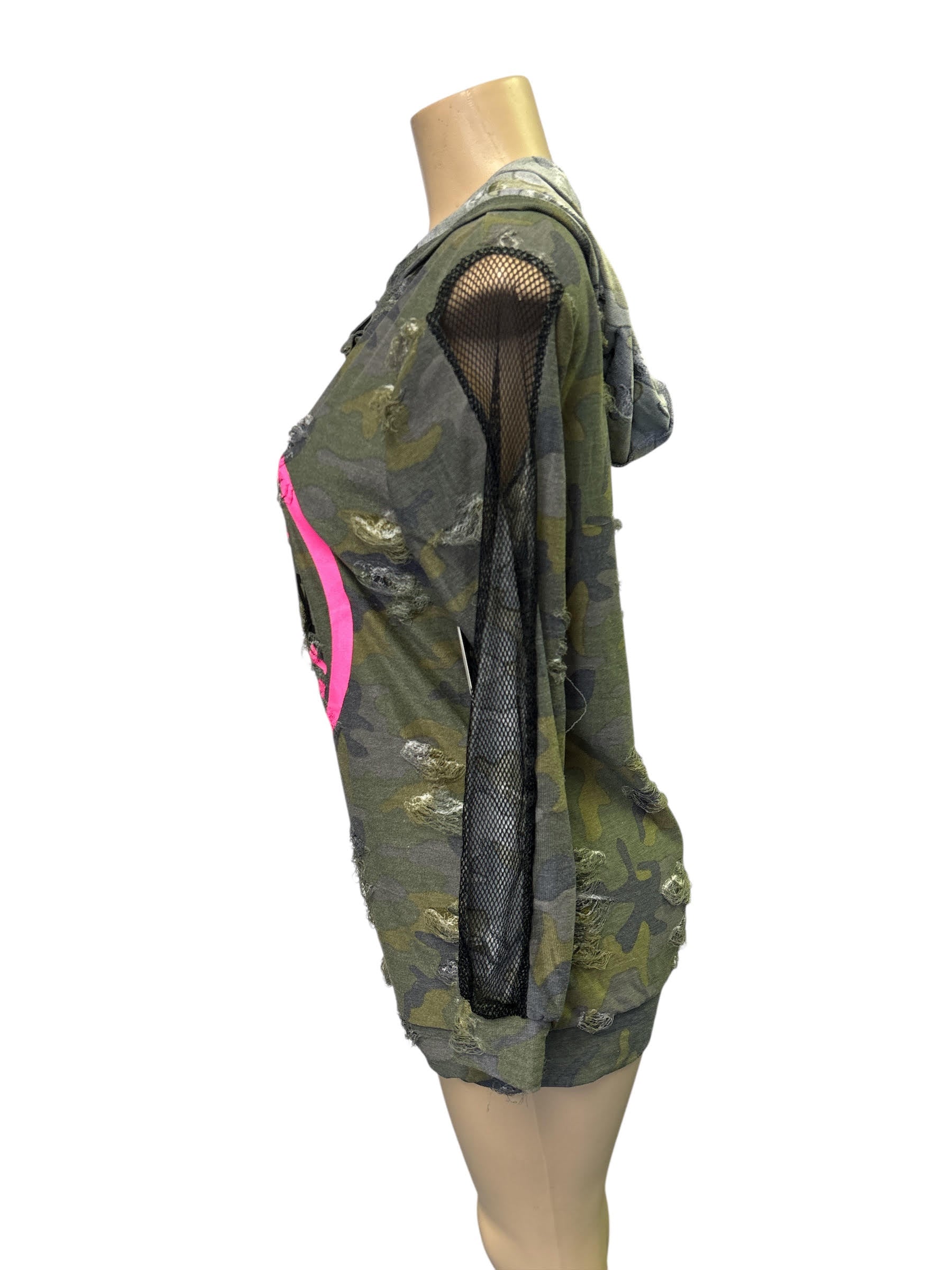Women's Camo Distressed Hoodie with Mesh Sleeves