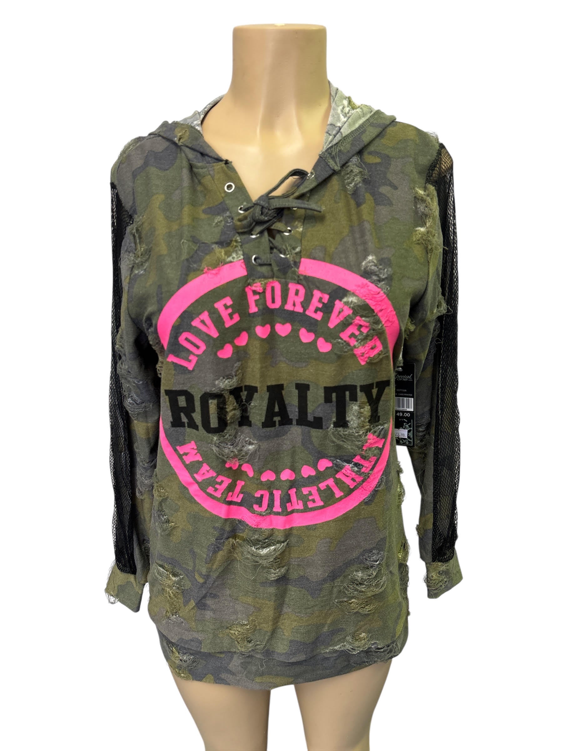 Women's Camo Distressed Hoodie with Mesh Sleeves