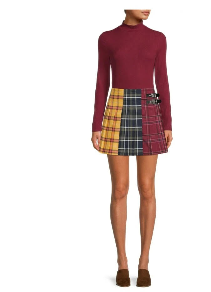 No Boundaries Brown Plaid Mini Skirt with Buckles