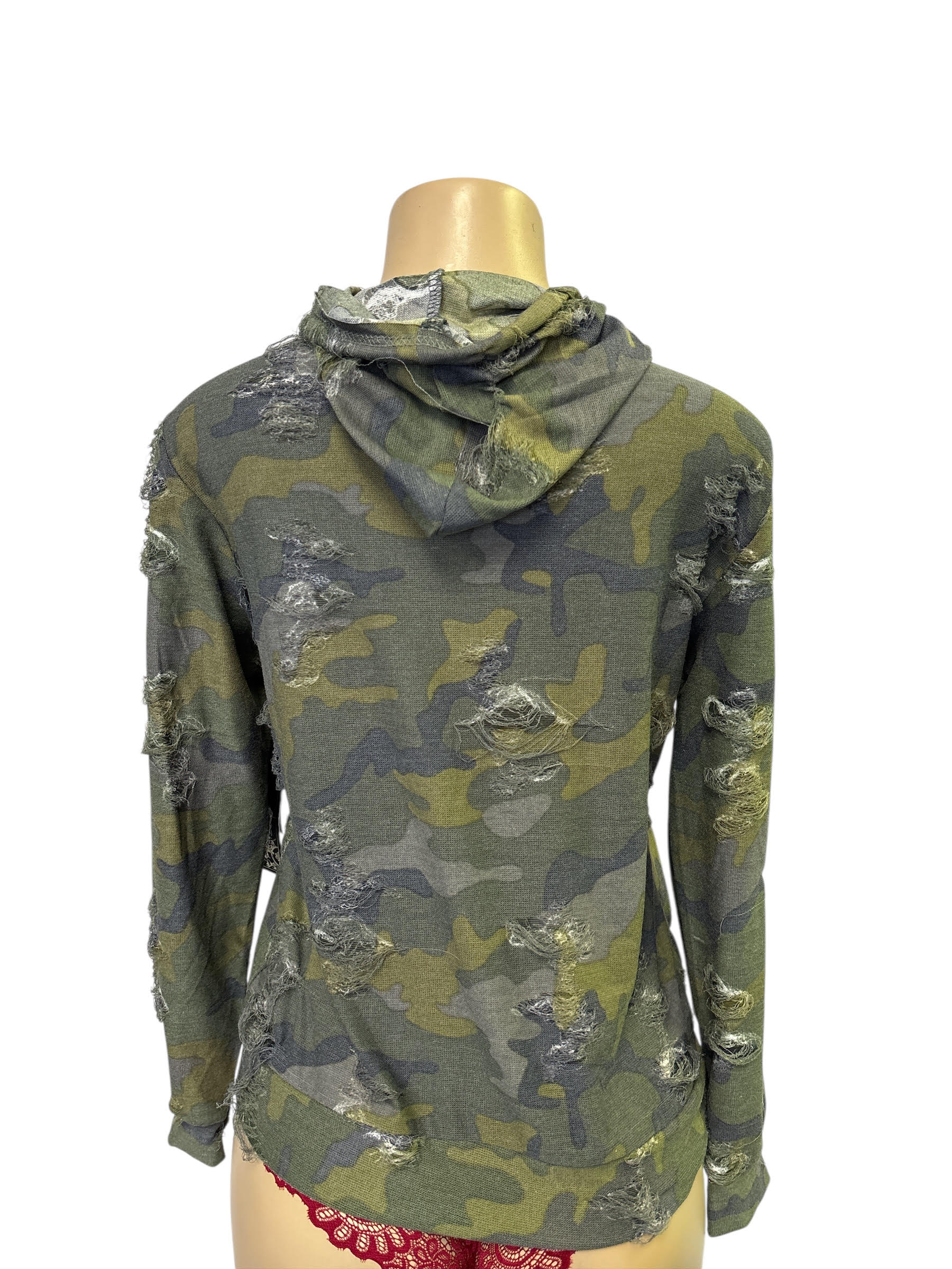 Women's Camo Distressed Hoodie with Mesh Sleeves