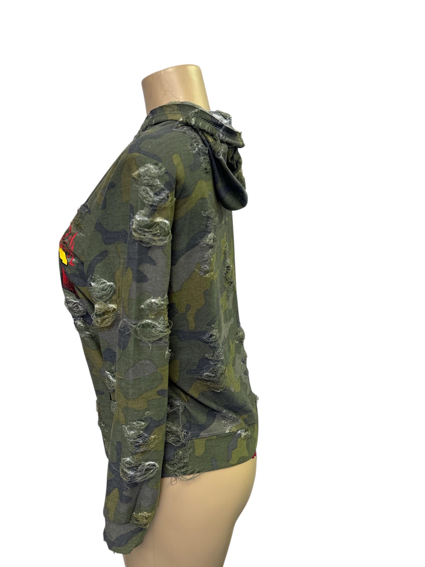 Women's Camo Distressed Hoodie with Mesh Sleeves
