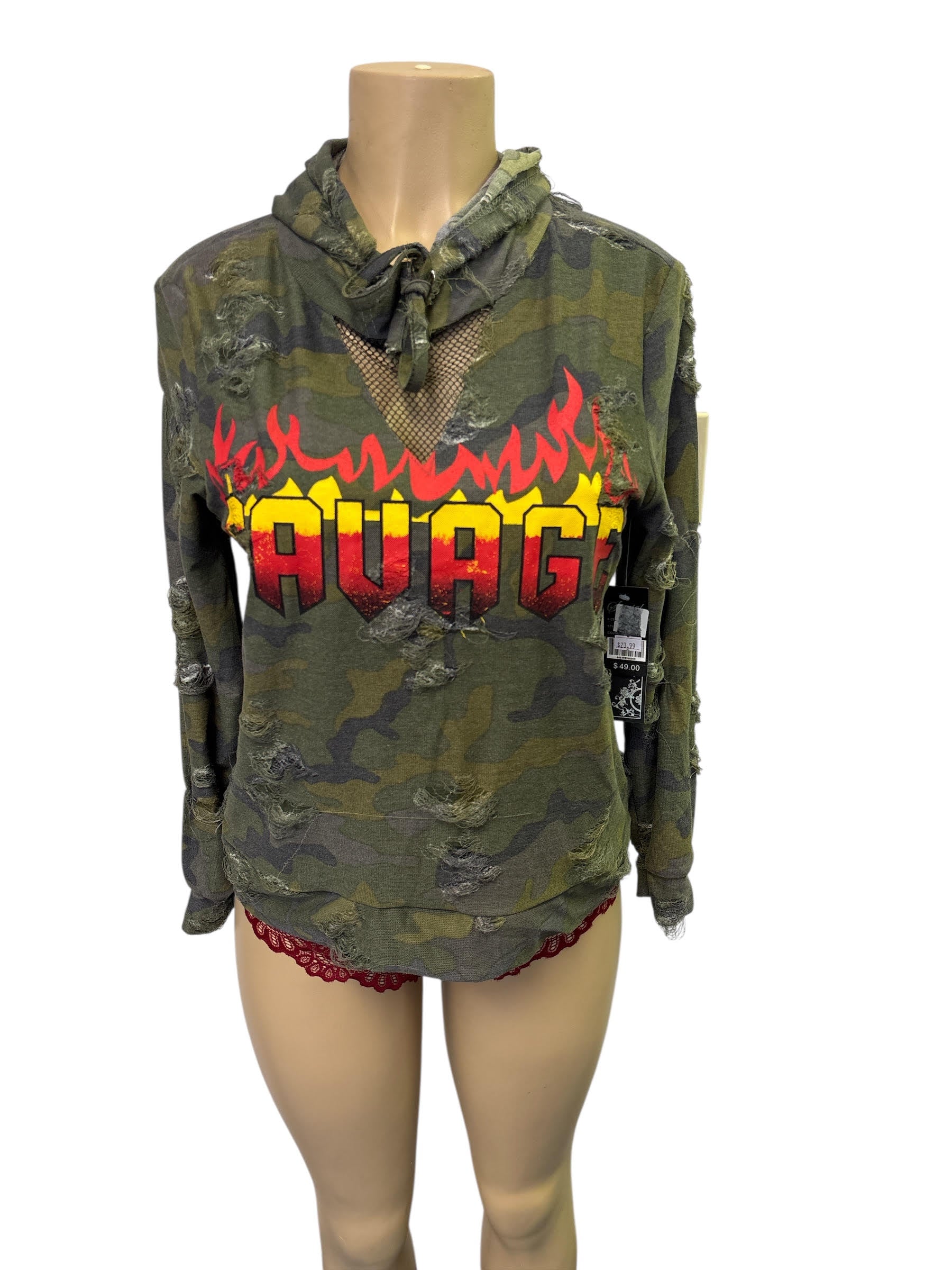 Women's Camo Distressed Hoodie with Mesh Sleeves