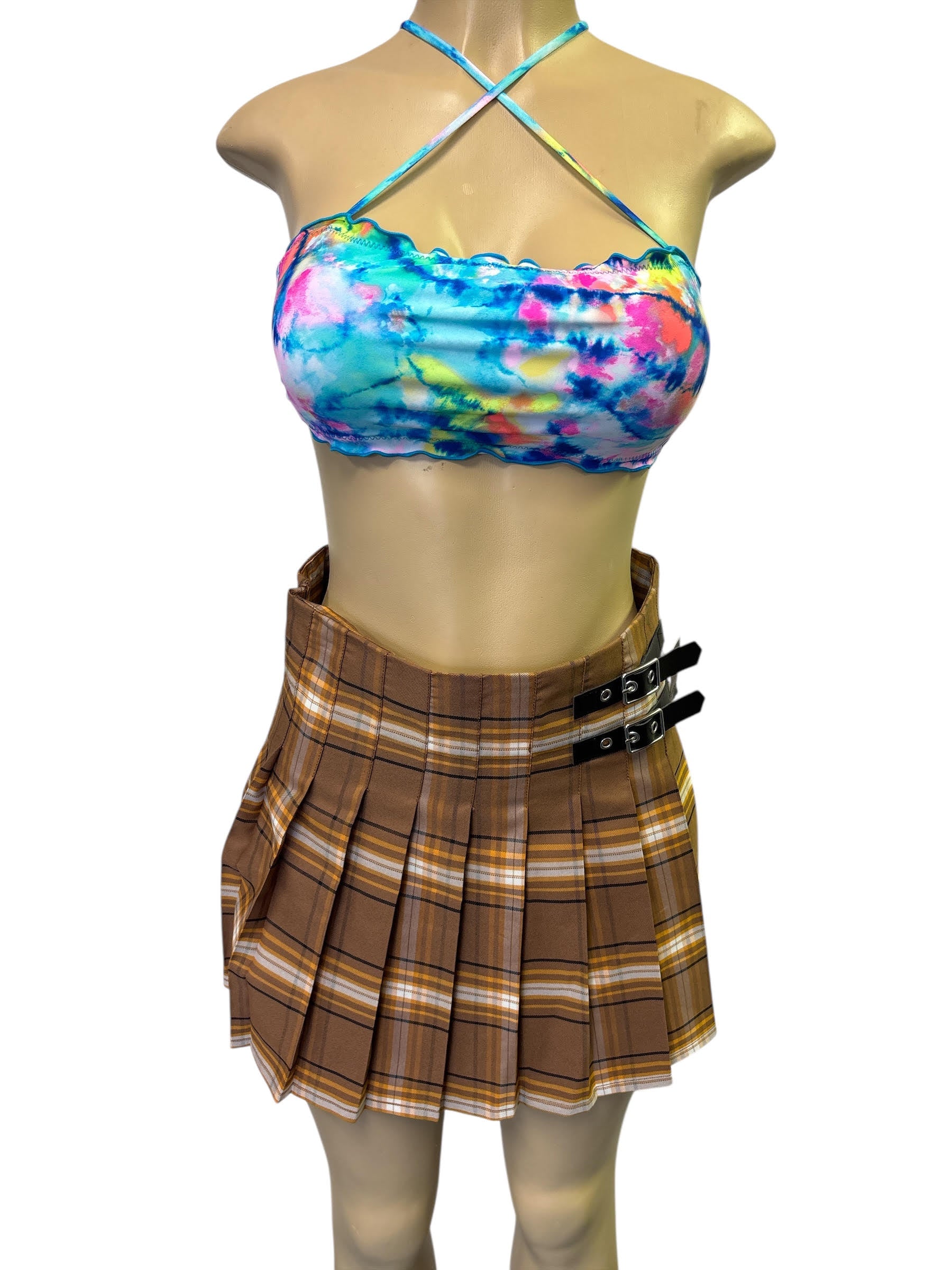 No Boundaries Brown Plaid Mini Skirt with Buckles